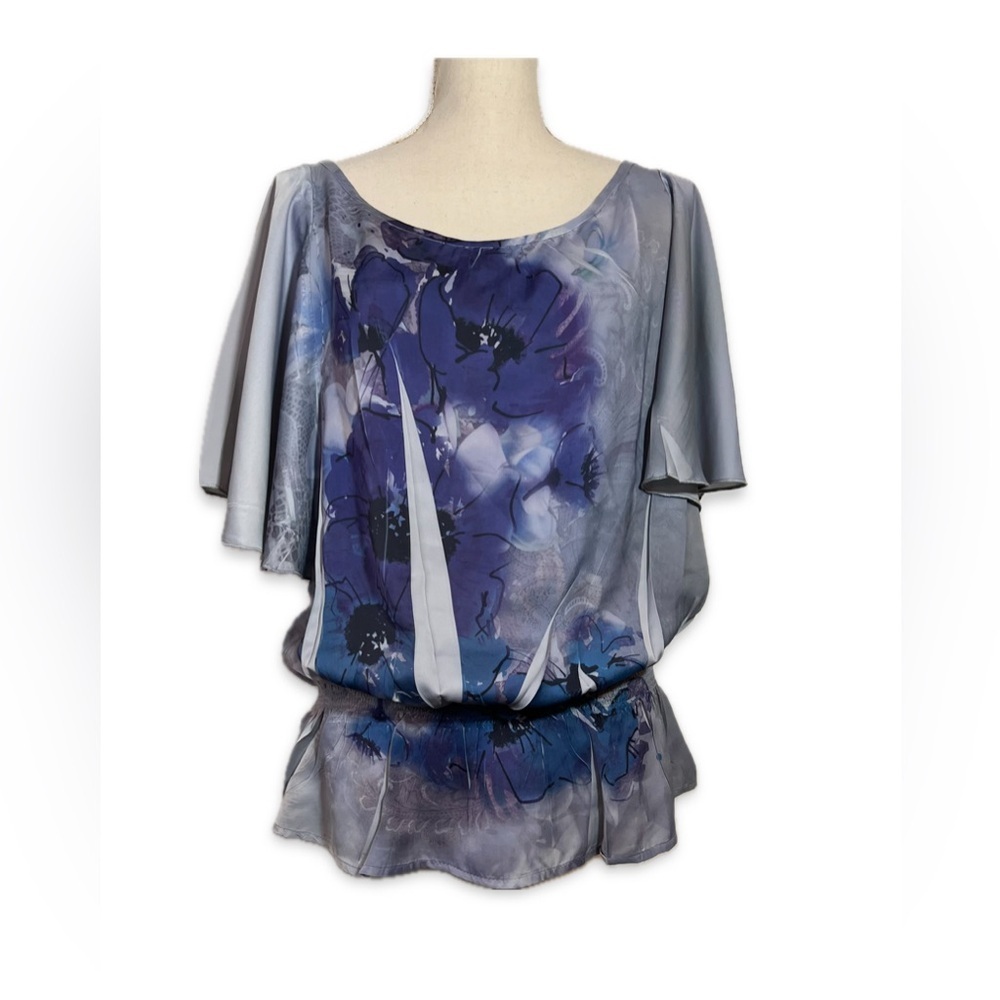 Nue Options Peplum Gray & Blue Flutter Sleeve Blouse Size Large